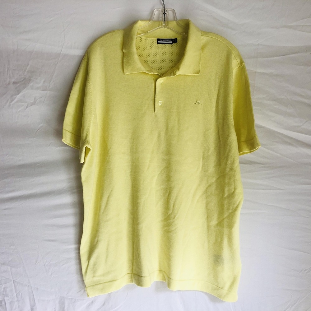 J.Lindeberg Polo Shirt Mens XL Yellow Merino Wool Lear Knitted Golf Mesh Back